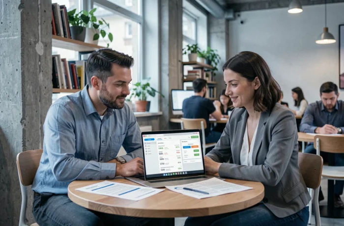 Couple d'acheteurs analysant des données comparatives de prix immobiliers à Lyon dans un espace de coworking moderne