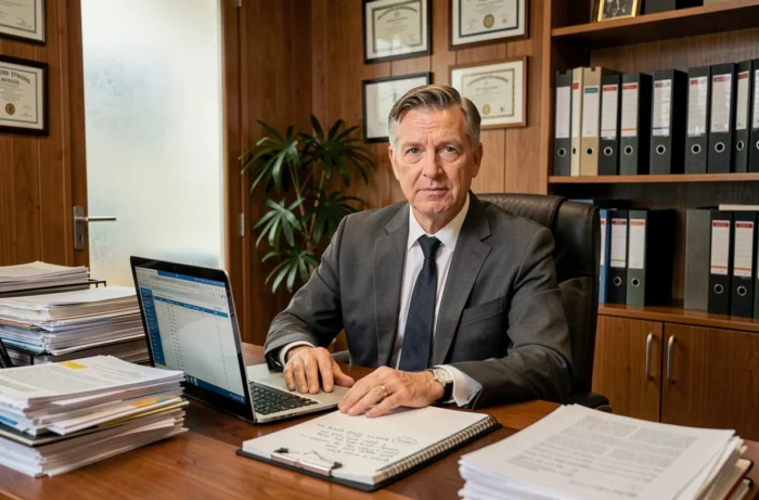 Adjoint au directeur travaillant à son bureau exécutif avec des dossiers et un ordinateur portable