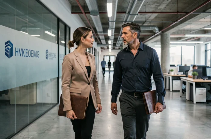 Duo de cadres dont un adjoint au directeur marchant dans les couloirs d'une entreprise en discussion stratégique