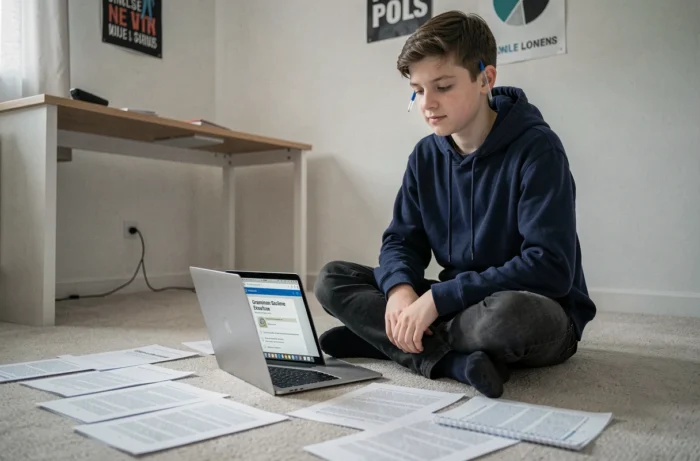 Adolescent étudiant des exercices de classes grammaticales en PDF sur un ordinateur portable posé sur le sol de sa chambre entouré de feuilles imprimées