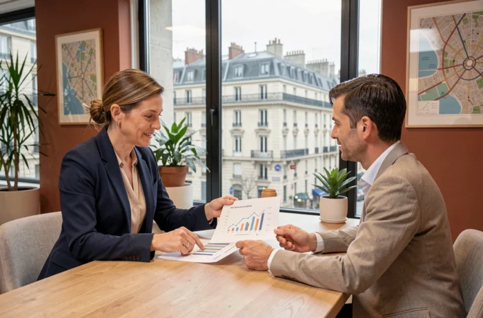Agent immobilière présentant une analyse de marché à des acheteurs dans une agence moderne à Lyon avec vue sur la Presqu'île