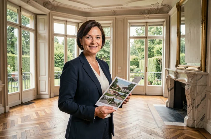 Agent immobilier dans un appartement de style haussmannien au Vésinet avec parquet en chevrons et cheminée en marbre