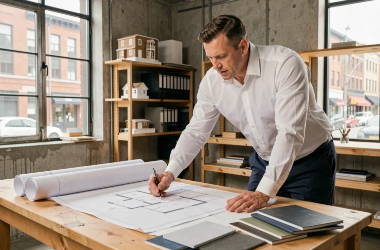 Architecte expert examinant des plans de construction dans un studio professionnel pour guider un projet immobilier