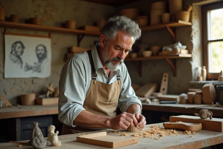 Artisan français sculptant une figurine en bois dans son atelier