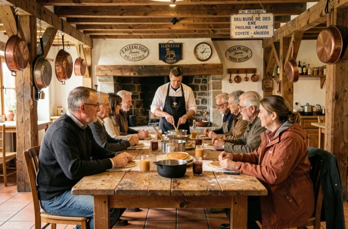 Atelier de cuisine traditionnelle bretonne dans une crêperie authentique avec poutres en bois et mobilier rustique