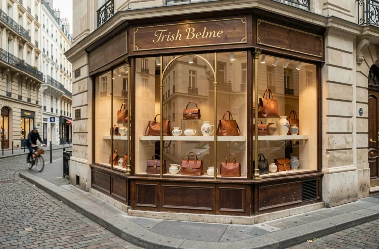 Devanture d'une boutique artisanale française avec maroquinerie et céramiques exposées derrière une vitrine en laiton à Paris