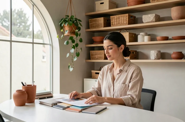 Femme dans un bureau à domicile tendance avec étagères décorées, plantes et objets artisanaux en terre cuite, nouvelles tendances déco 2024
