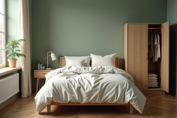 Chambre à coucher confortable et bien équipée avec literie en coton, table de chevet et armoire ouverte dans un appartement