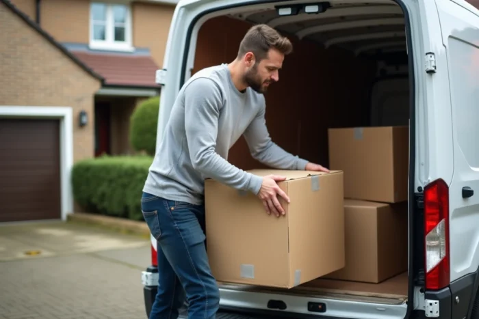 Homme chargeant des cartons de meubles dans une camionnette de location devant une maison, illustration du transport de mobilier loué