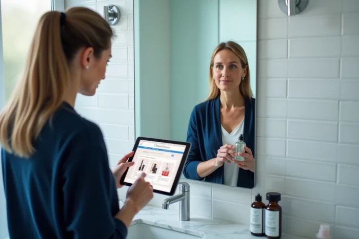Femme en salle de bain comparant un sérum cosmétique avec une boutique beauté en ligne sur tablette