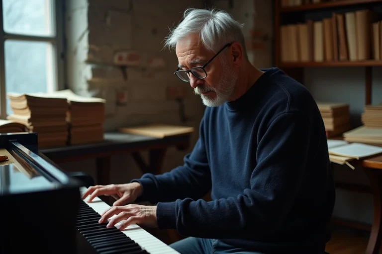 Compositeur Niklas Niklasson assis au piano dans son studio entouré de partitions manuscrites