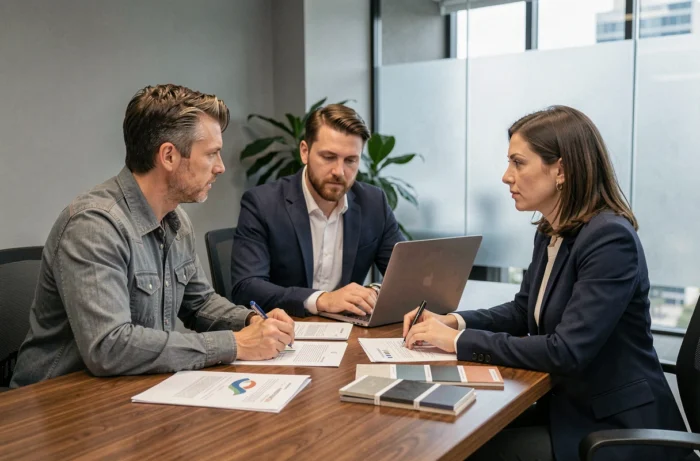 Couple consultant une experte immobilière autour d'une table pour planifier leur projet de construction