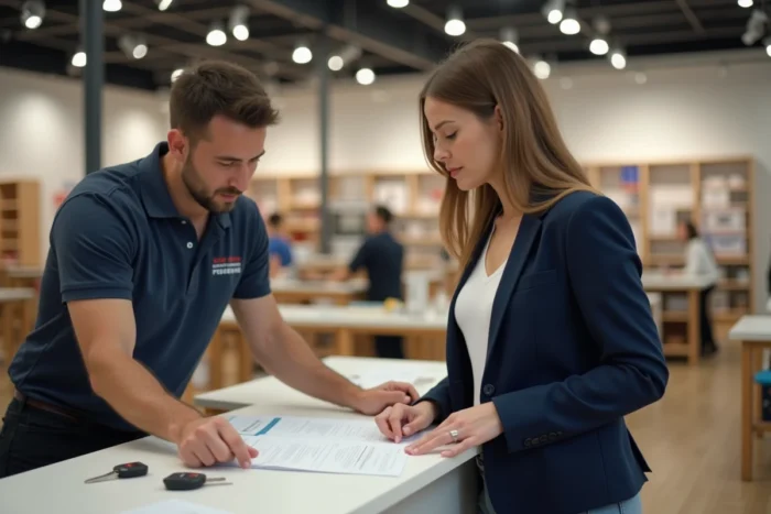 Cliente signant un contrat de location de camionnette au comptoir service d'un magasin Conforama, remise des clés du véhicule utilitaire