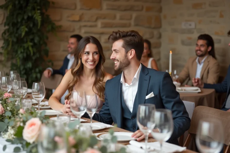 Jeune couple élégant lors d'une réception de mariage