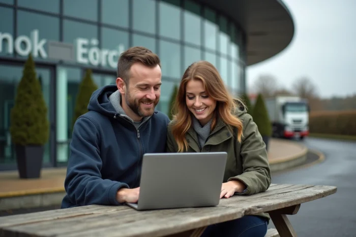 Couple consultant un site web sur ordinateur portable pour trouver des douches disponibles sur une aire d'autoroute