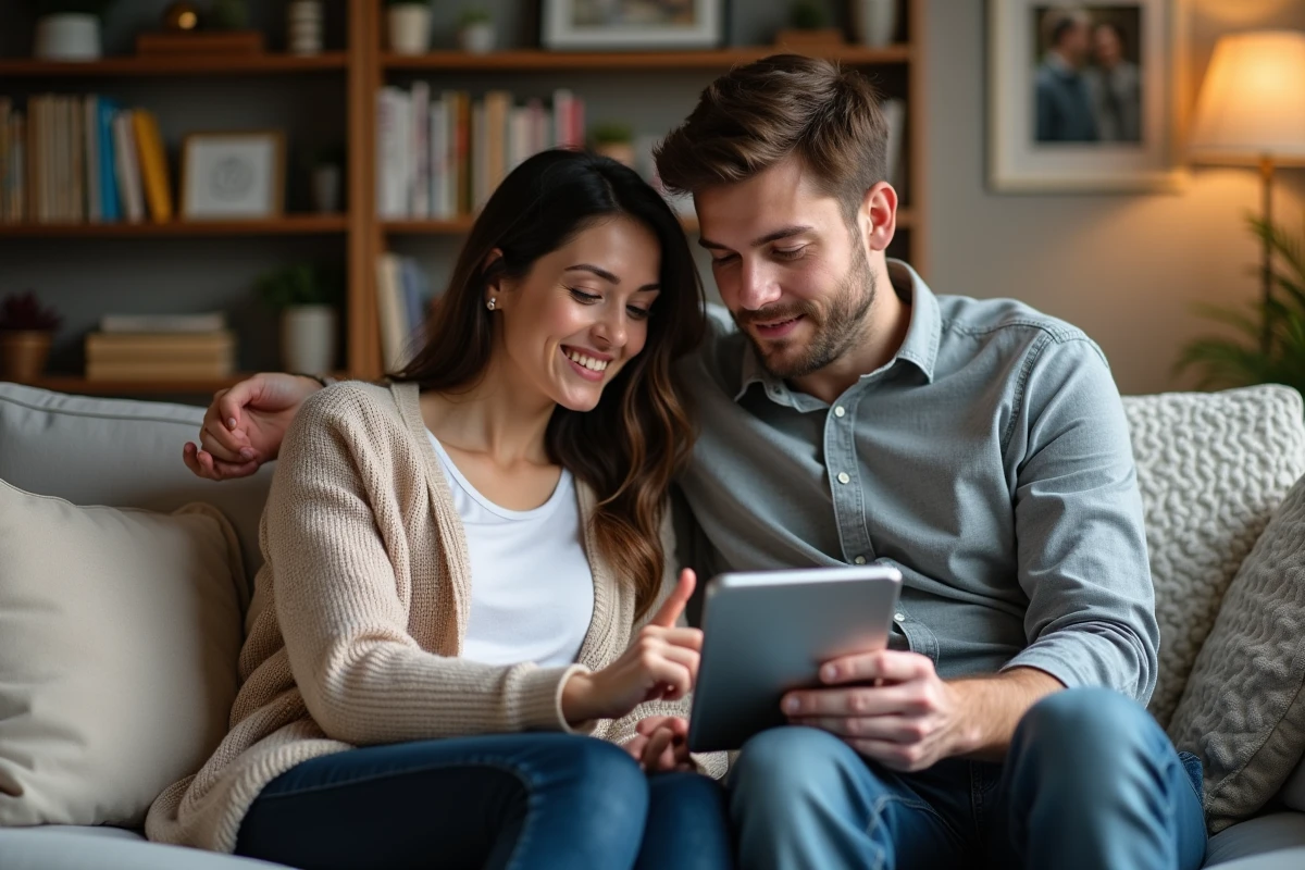 Couple regardant une application HCG sur une tablette dans le salon