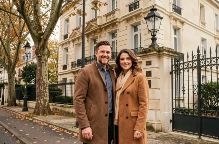 Couple devant une villa bourgeoise au Vésinet avec facade en pierre et portail en fer forgé, immobilier résidentiel