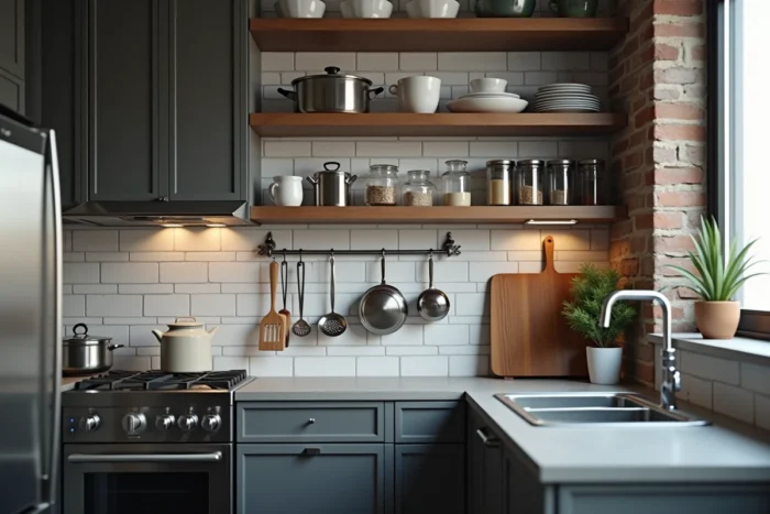 Cuisine compacte équipée avec ustensiles de cuisine, étagères ouvertes et électroménager en inox dans un appartement moderne