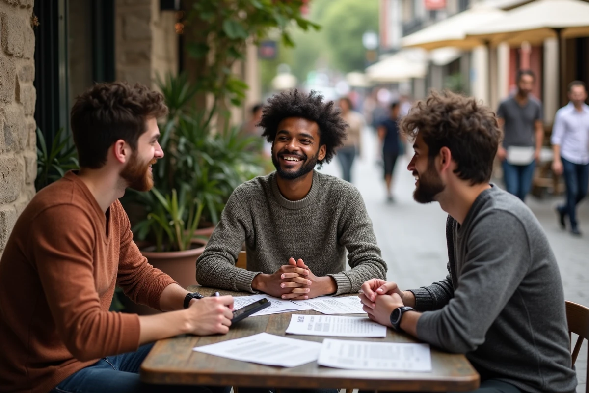 Jeunes adultes discutant dans un café urbain animé