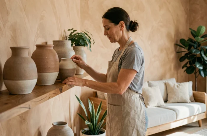Femme arrangeant des vases céramiques sur une étagère en bois dans un salon moderne décoré avec soin