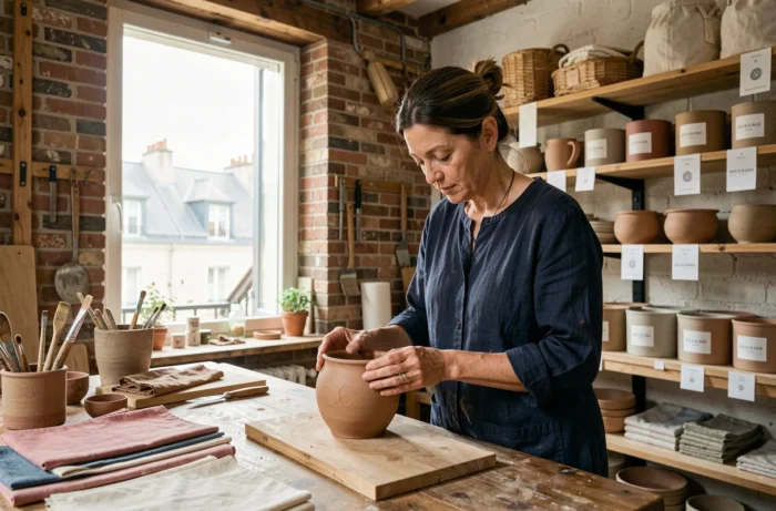 Créatrice française inspectant une pièce en céramique artisanale dans un atelier parisien avec murs en brique apparente