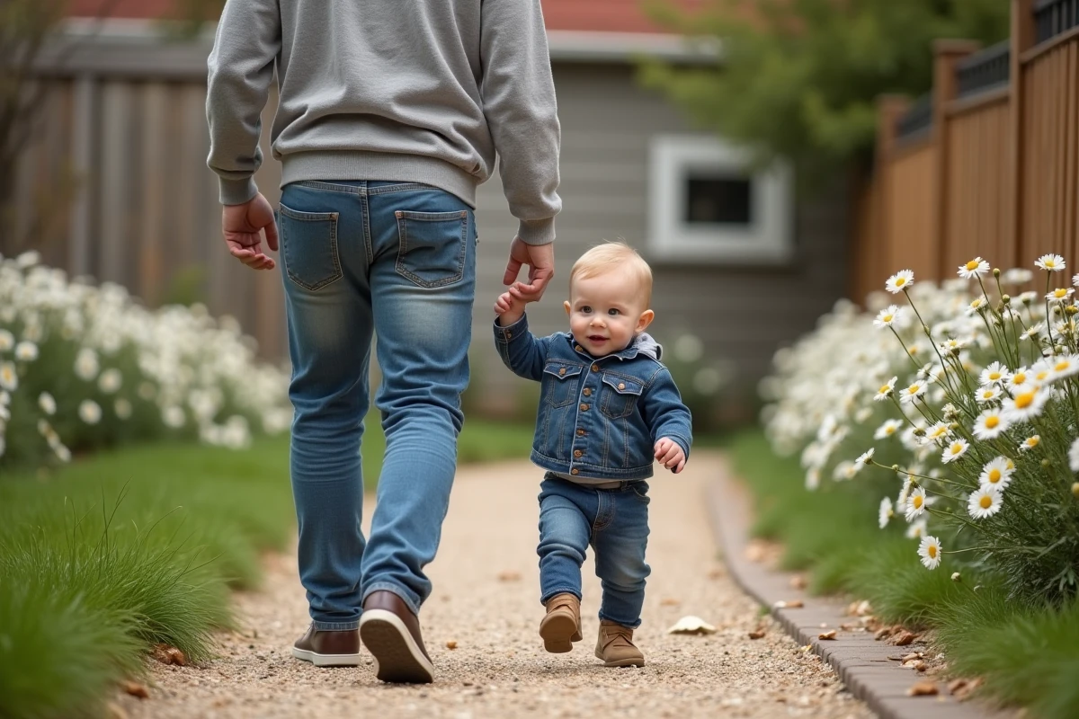Père guidant sa fille de 14 mois sur un chemin de jardin