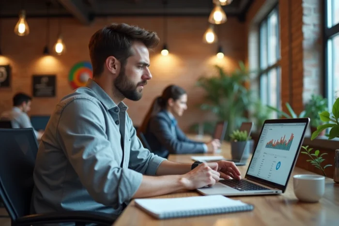 Entrepreneur travaillant sur des données de croissance d'entreprise dans un bureau de startup moderne