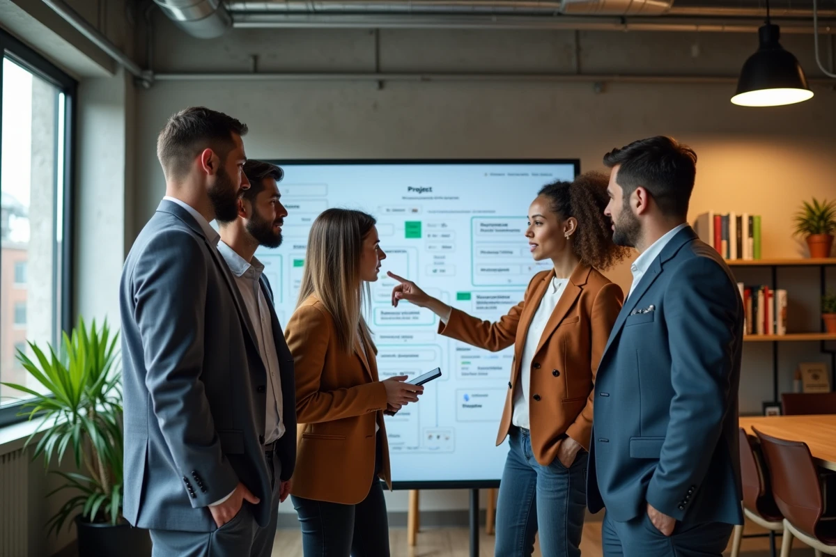 Groupe de professionnels discutant autour d un tableau interactif