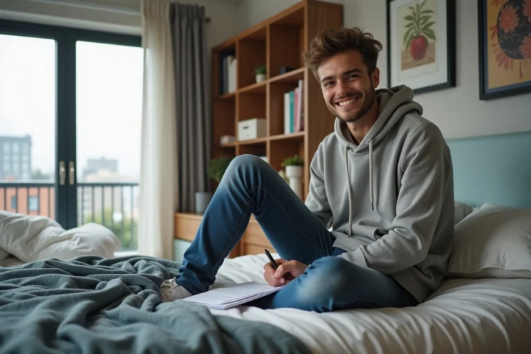 Étudiant détendu signant un contrat de location dans son appartement