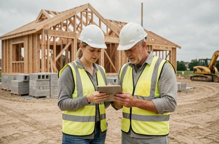 Deux experts en construction sur un chantier résidentiel consultant une tablette pour superviser un projet immobilier