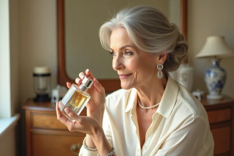 Femme élégante de 70 ans sentant un flacon de parfum devant sa coiffeuse vintage