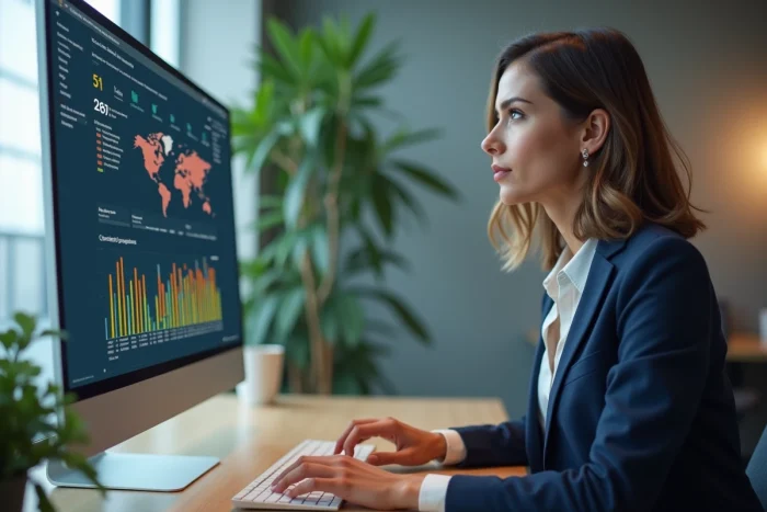 Femme d affaires concentrée sur un tableau de bord digital
