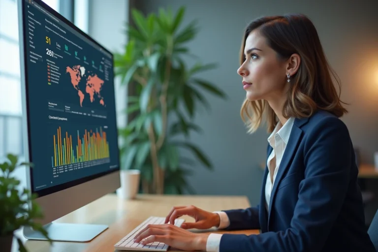 Femme d affaires concentrée sur un tableau de bord digital