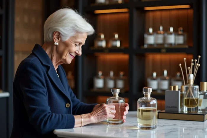 Femme âgée élégante comparant des parfums de luxe dans une parfumerie haut de gamme