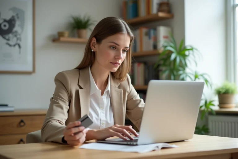 Femme en bureau moderne utilisant son ordinateur et sa carte bancaire
