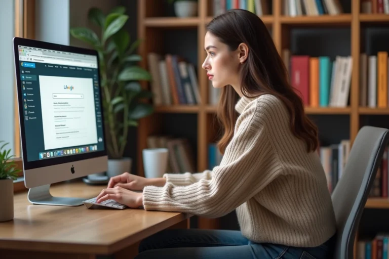 Jeune femme au bureau avec plusieurs onglets de recherche