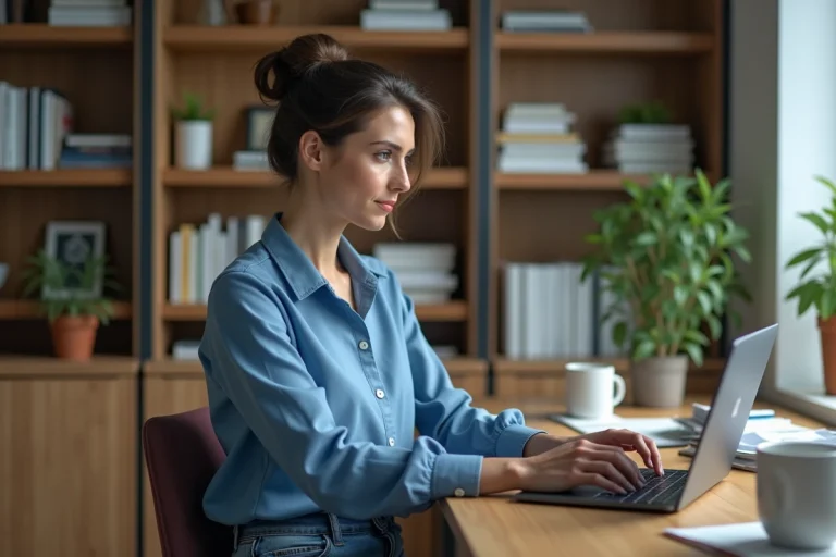 Femme en bureau moderne travaillant sur son ordinateur