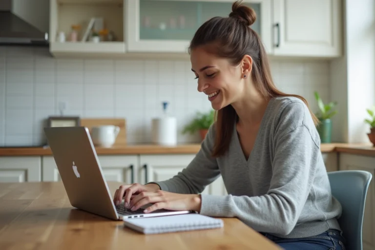 Femme souriante utilisant une calculatrice HCG à la maison