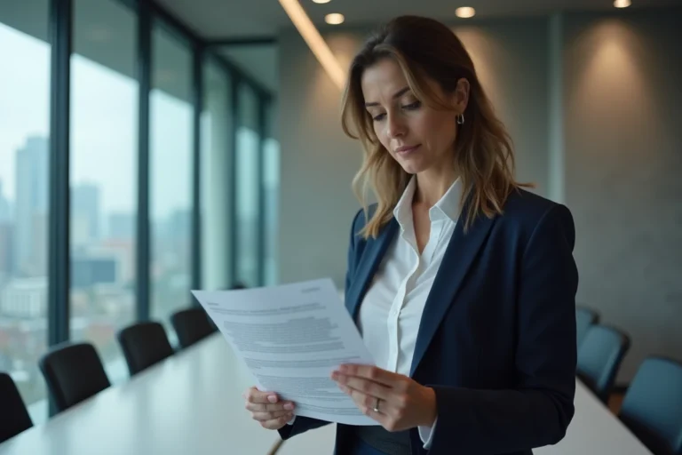 Femme cheffe d'entreprise analysant des rapports dans une salle de réunion moderne pour la gestion de son entreprise