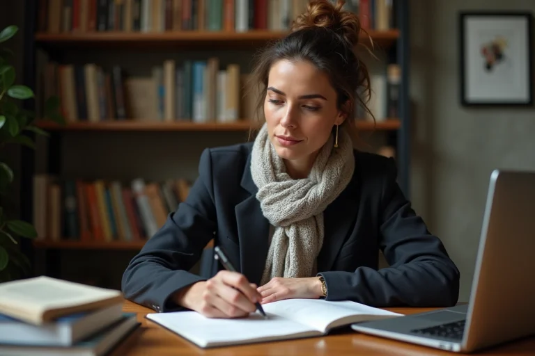 Femme concentrée en bureau avec livres et ordinateur