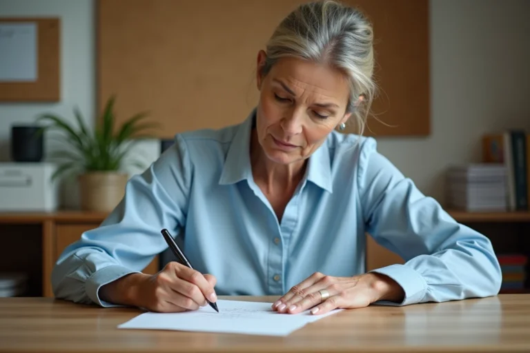 Femme écrivant une adresse postale officielle avec abréviation d'appartement sur une enveloppe à son bureau
