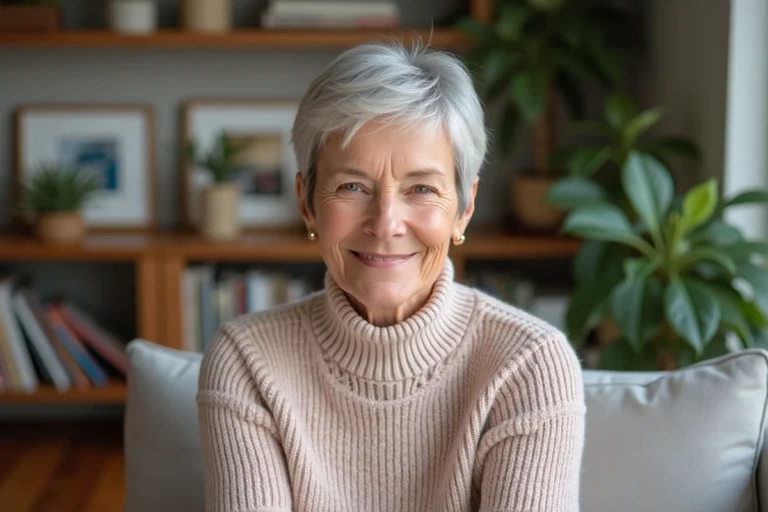 Femme élégante de 60 ans avec coupe pixie dans un salon cosy