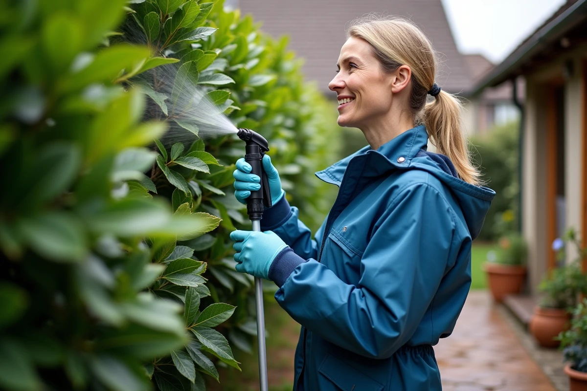 Femme en jardinage pulvérisant laurier avec Bordeaux
