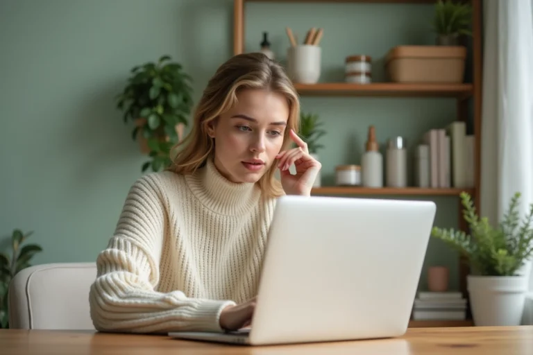 Jeune femme explorant des cosmétiques beauté en ligne sur un ordinateur portable dans un bureau cosy