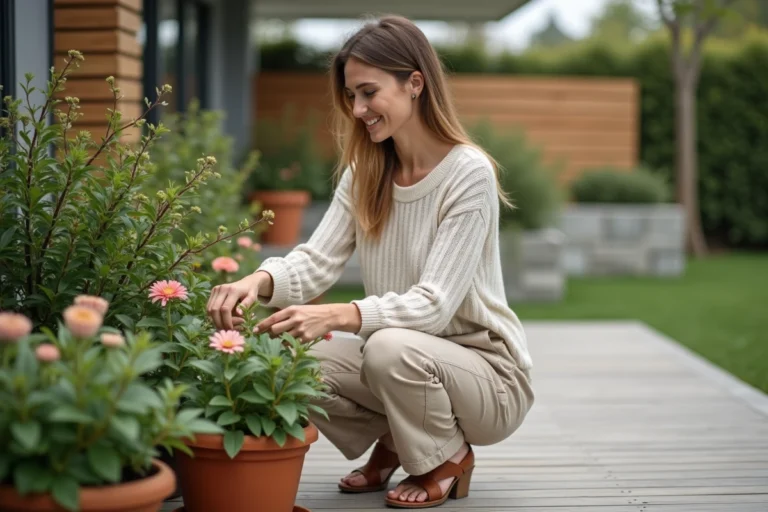 Femme arrangeant des plantes en pot dans un jardin moderne