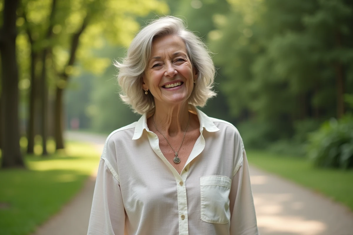 Femme souriante de 60 ans dans un parc naturel en promenade