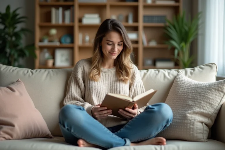 Femme assise sur un canapé en train de journaliser dans un salon cosy