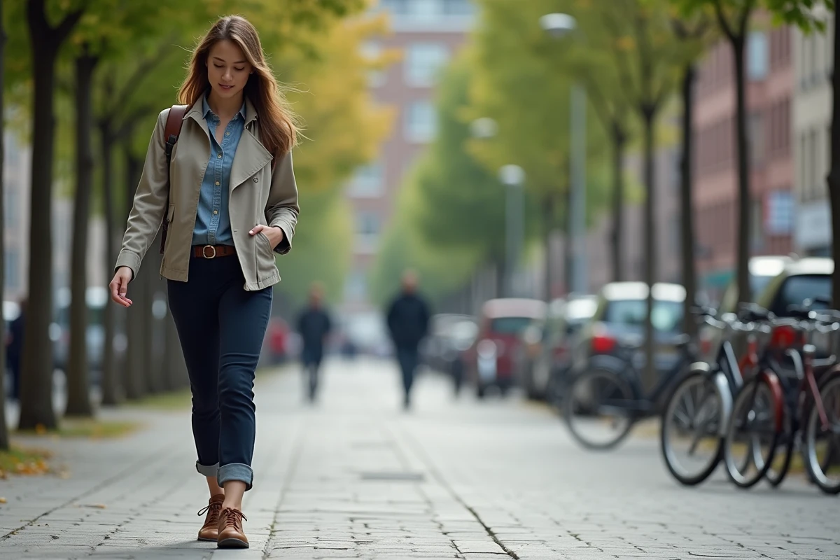 Femme marchant dans la ville avec ses chaussures durables