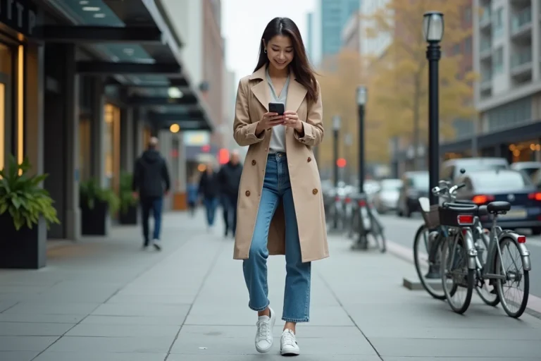 Femme élégante en trench beige dans la ville moderne
