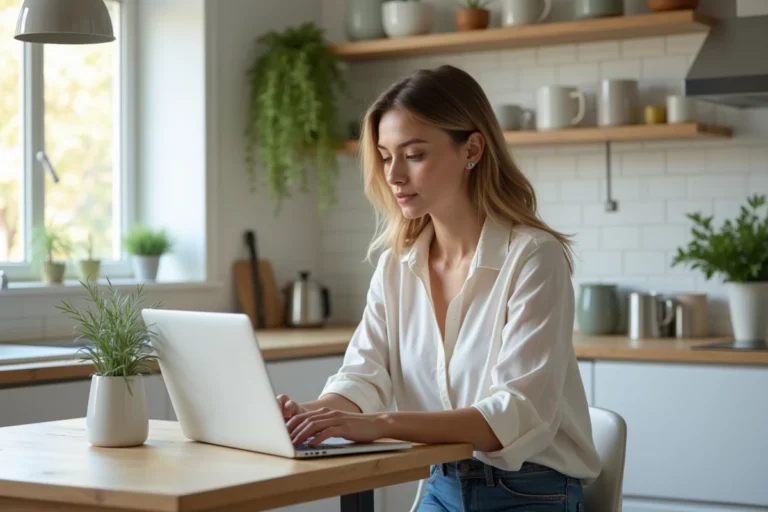 Femme utilisant un ordinateur pour évaluer une maison